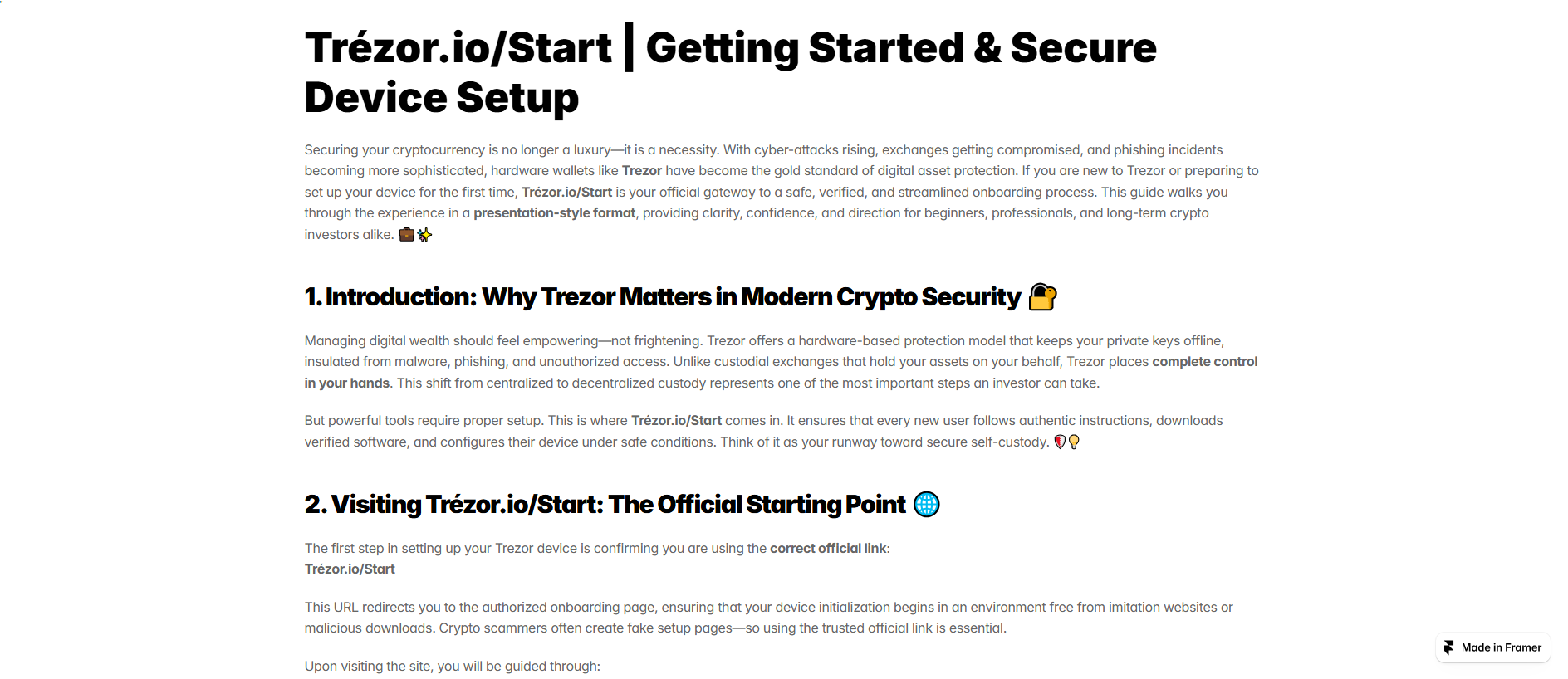 Forensic screenshot of startio-trezrs-auth-en.framer.ai showing the phishing page layout