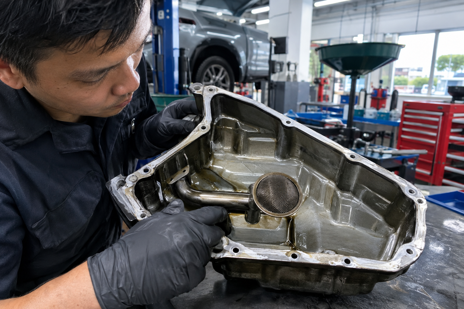 AI-generated illustration of an engine oil pan and pickup strainer being inspected