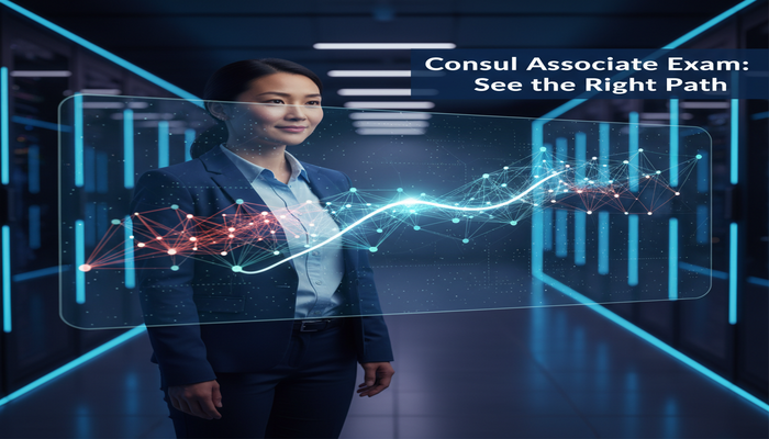 Consul Associate Exam: See the Right Path A professional intently observing a holographic display, where a glowing, clear path illuminates complex HashiCorp Consul architecture, symbolizing a correct understanding for the Consul Associate exam, with the title 'Consul Associate Exam: See the Right Path' clearly visible.