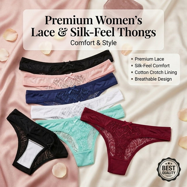 Women Lace Satin Thong Panties