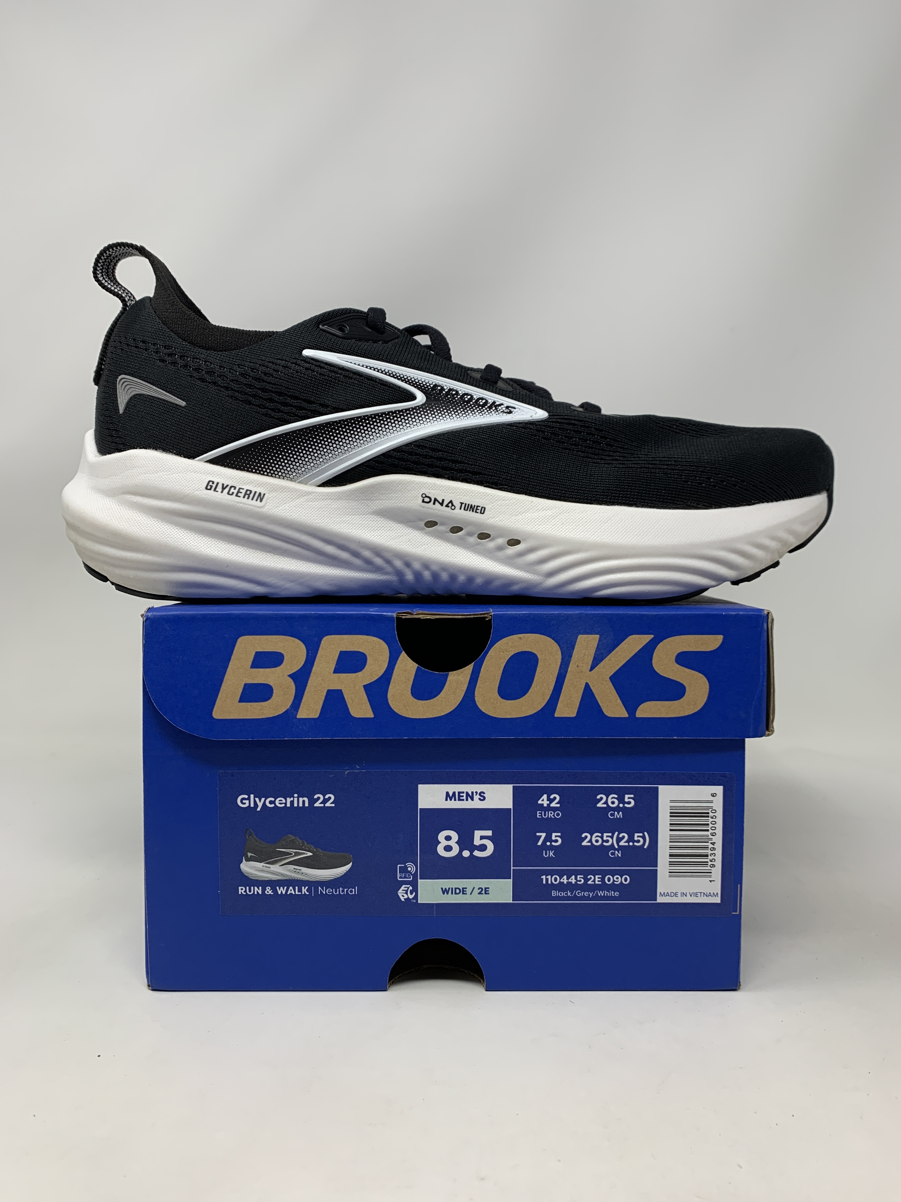 Men's Brooks Glycerin 22, Black/Grey/White, 8.5 2E Wide US main product image