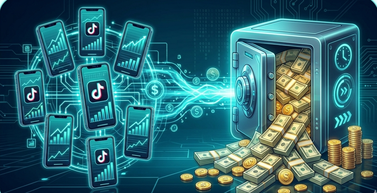 Représentation visuelle de plusieurs comptes TikTok générant du cash