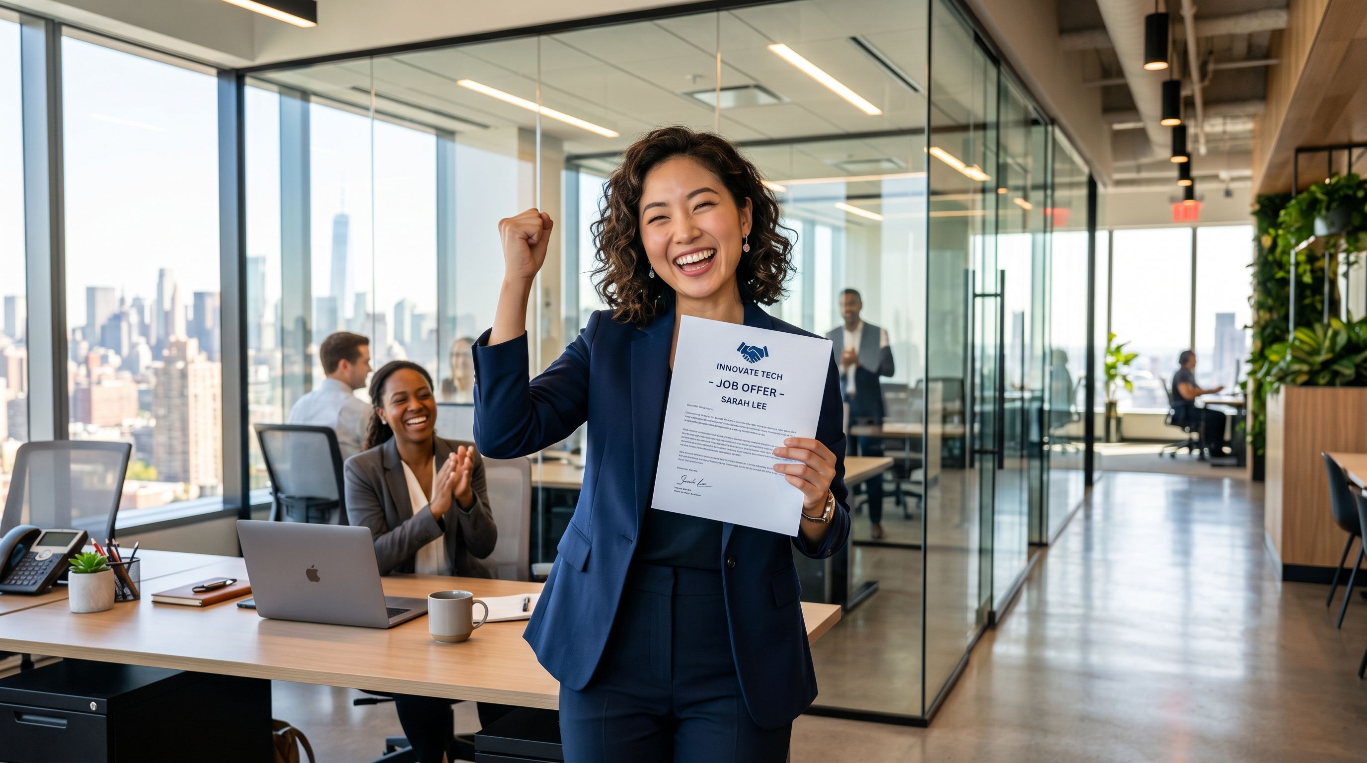 Profesional sonriente y motivado celebrando su nuevo empleo en una oficina moderna