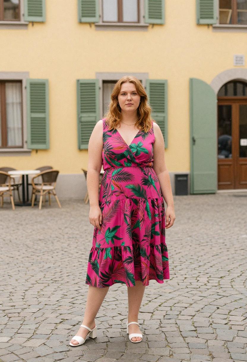 Plus size woman in magenta and emerald botanical print wrap dress in a European courtyard