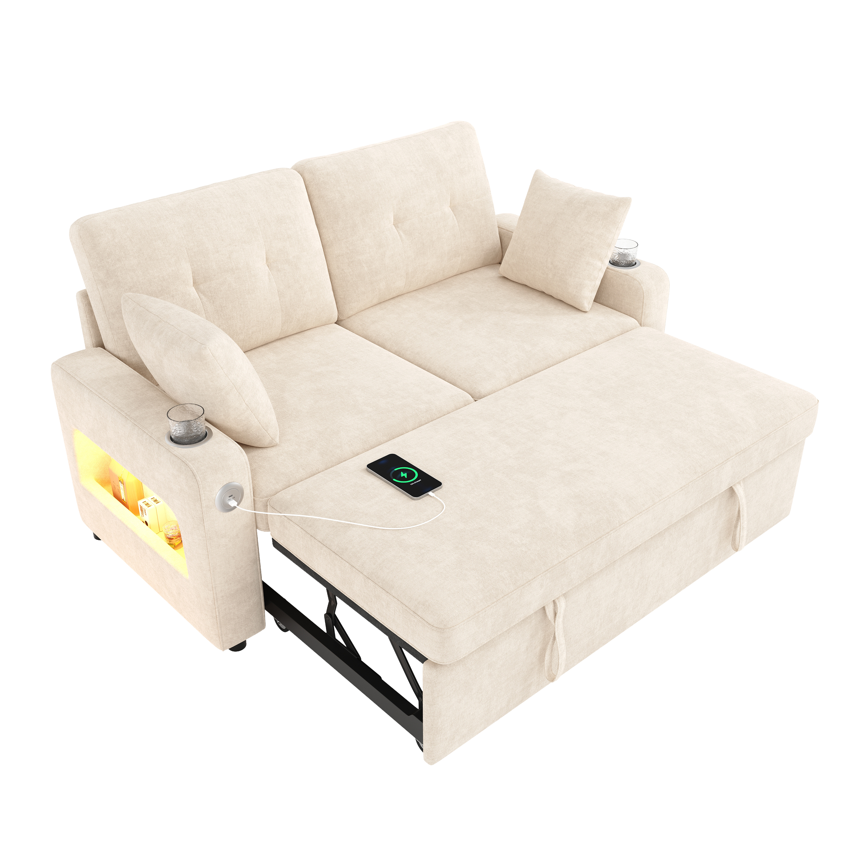 Canapé convertible beige sur fond blanc