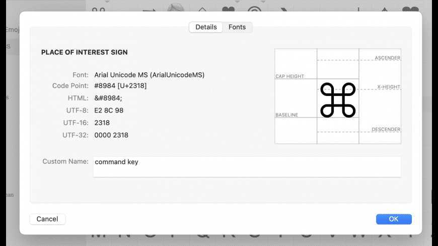 PopChar Mac — floating character table showing font glyphs and special characters