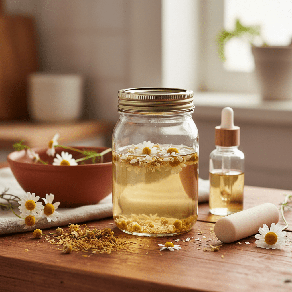 Clean DIY chamomile infusion on a wooden countertop with glass jar and flowers