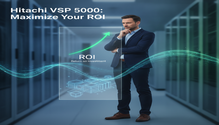 Hitachi VSP 5000: Maximize Your ROI IT professional analyzing the ROI of Hitachi VSP 5000 certification on a holographic display within a modern data center, with the title 'Hitachi VSP 5000: Maximize Your ROI' visibly integrated.