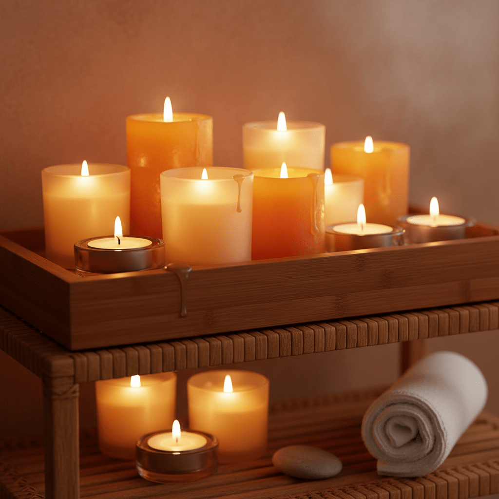 Beeswax votives and tea lights on a calm spa tray