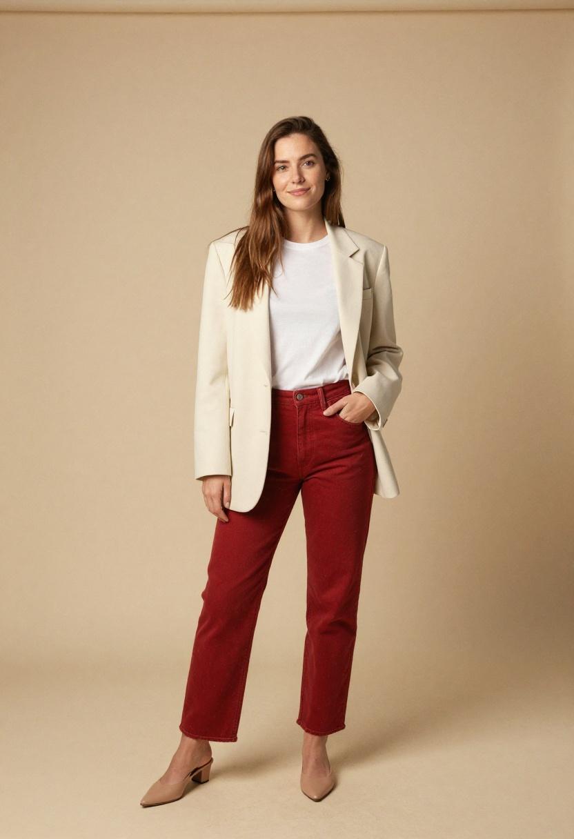 Cherry red straight leg jeans under a cream blazer for chic Casual Friday minimalist style
