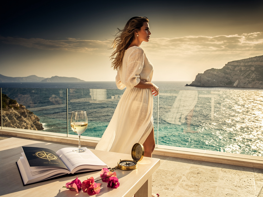 Mulher em vestido creme lendo um livro com rosa dos ventos dourada num terraço mediterrâneo com vista para o mar