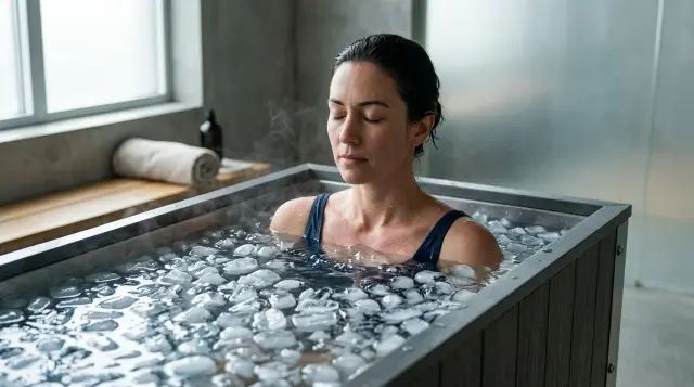 Person calmly submerged in ice bath surrounded by floating ice chunks in minimalist wellness space