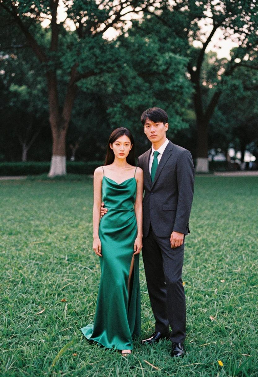 Emerald green satin slip dress worn for a coordinated formal promposal moment