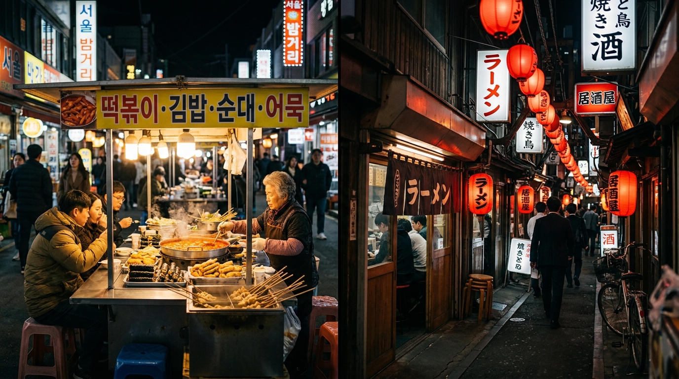 Korean street food stall with tteokbokki versus Japanese izakaya alley with ramen signs at night
