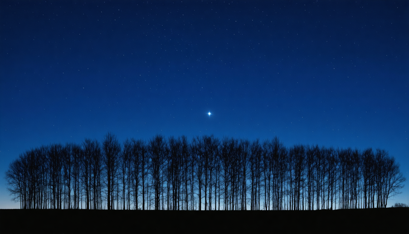 A night sky with a single bright star visible above a dark treeline.