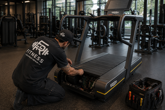 Technician servicing a Technogym cardio machine in the GTA