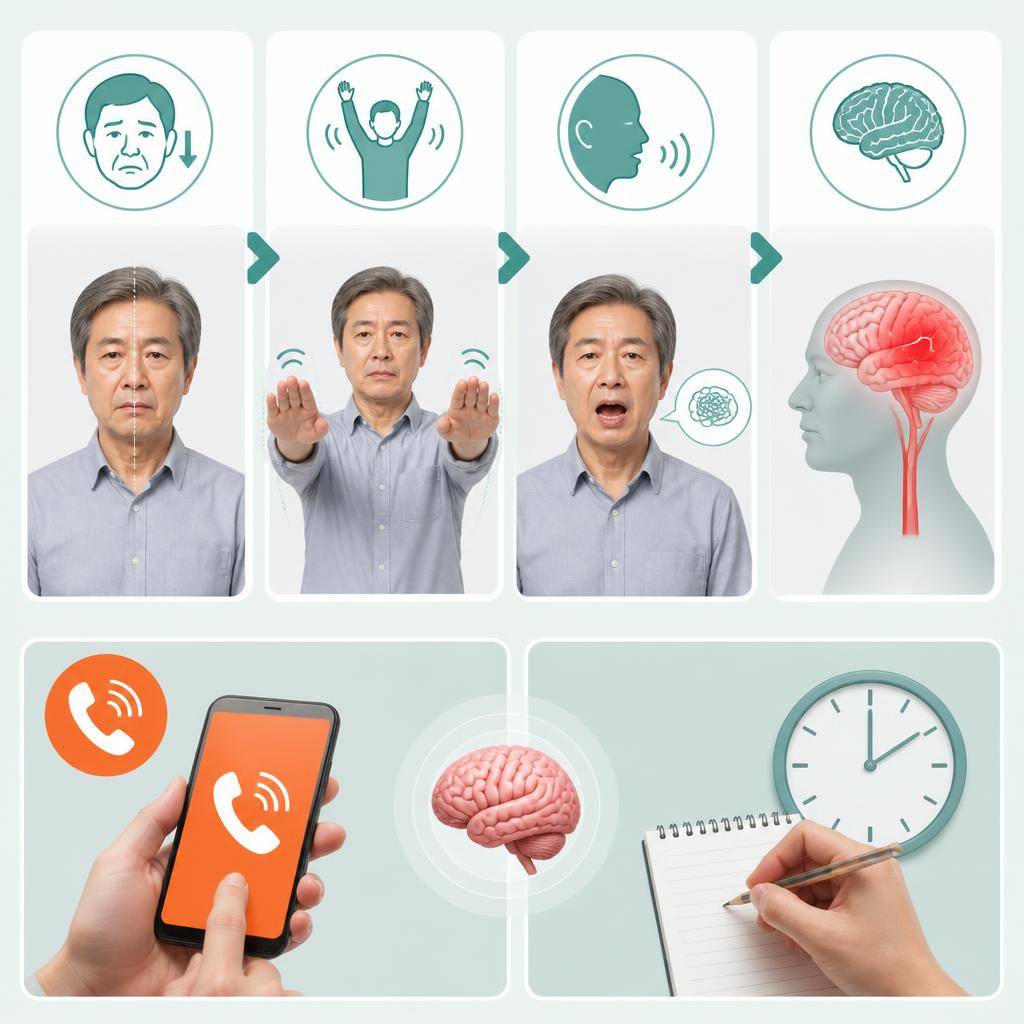 한쪽 얼굴 처짐, 양팔 들기, 발음 확인이라는 FAST 뇌졸중 응급 확인법을 보여주는 한국