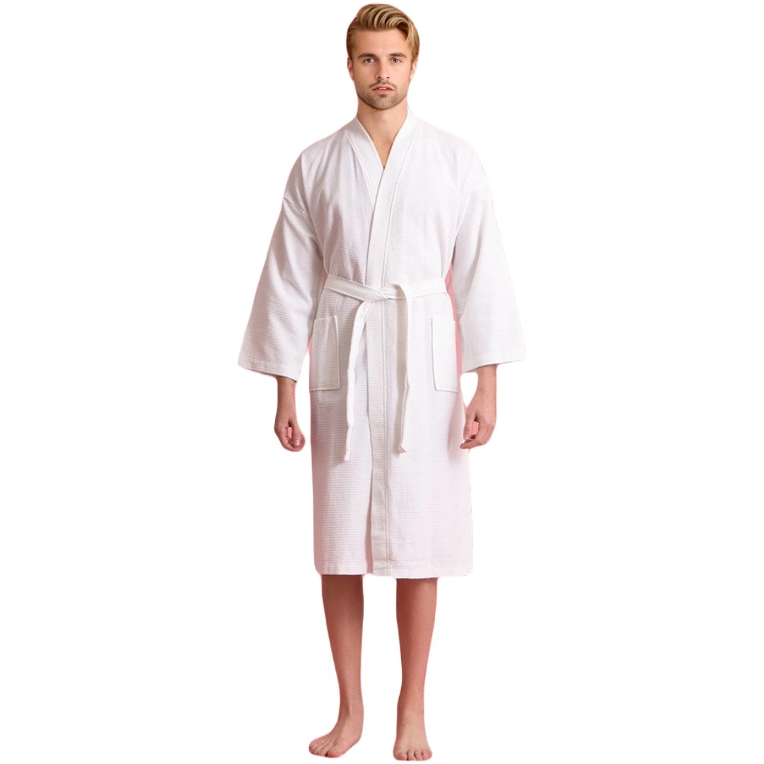 Unisex Men's Waffle Weave Kimono White Bathrobe (One Size) view 2