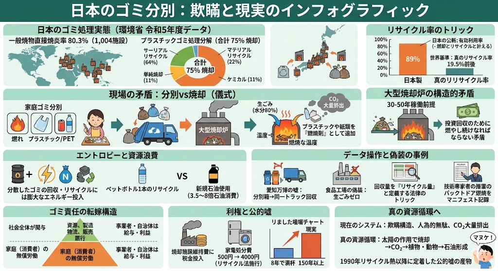 日本では家庭から出るゴミを細かく分別させていますが、実際の処理現場では、分別した廃棄物の大半が同じ焼却施設で燃やされています。
