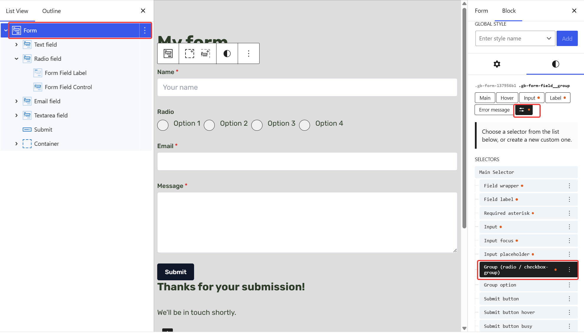 Form radio selector