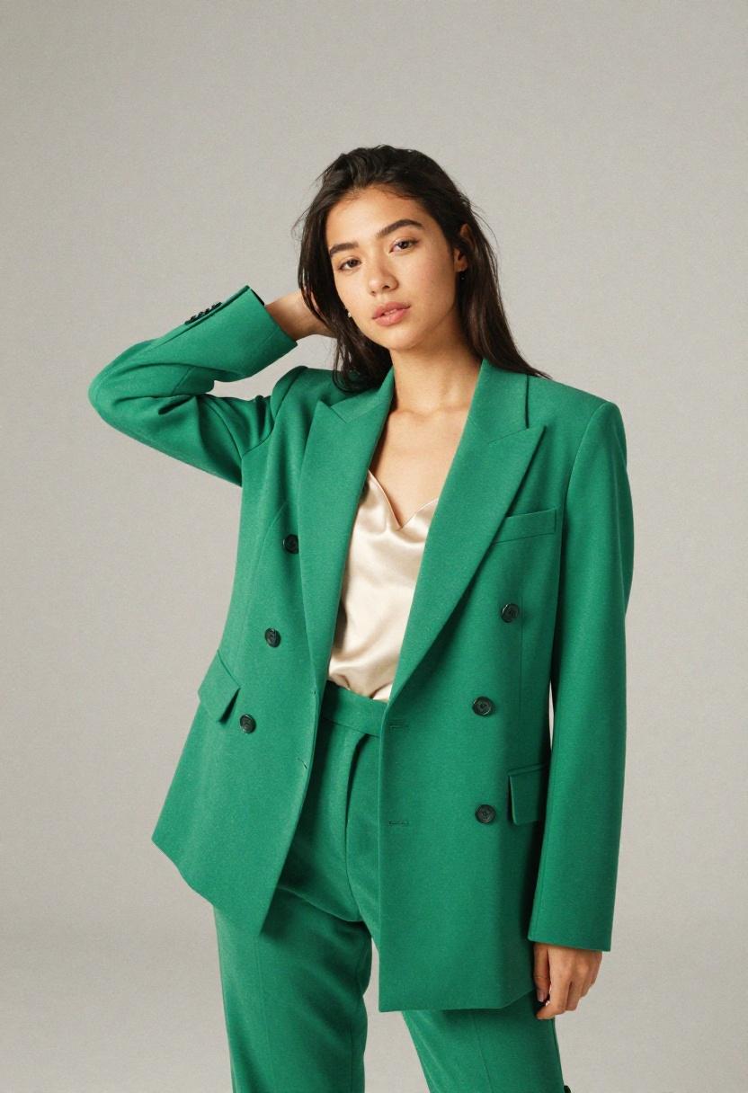 Emerald green double breasted blazer over cream camisole in a studio setting