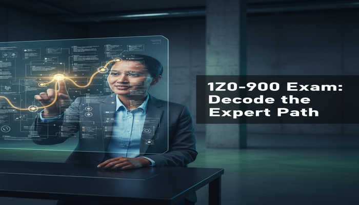 Professional developer confidently viewing a complex Java EE 7 architecture diagram on a holographic screen, with a glowing strategic path highlighting key insights for the Oracle 1Z0-900 exam, in a modern tech environment.