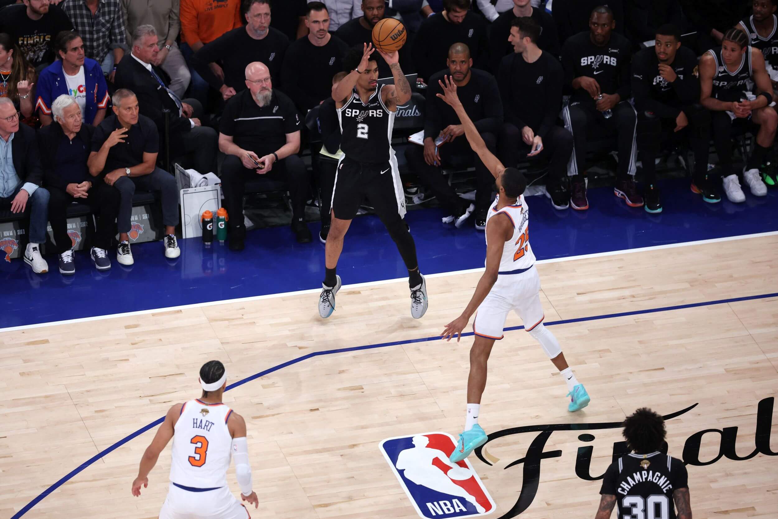 Dylan Harper fires a 3 during last season's NBA Finals.