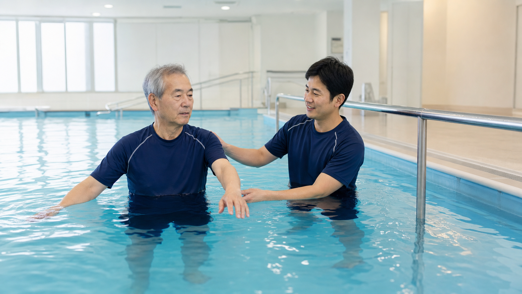 監視のある環境でパーキンソン病の水中運動を始める場面