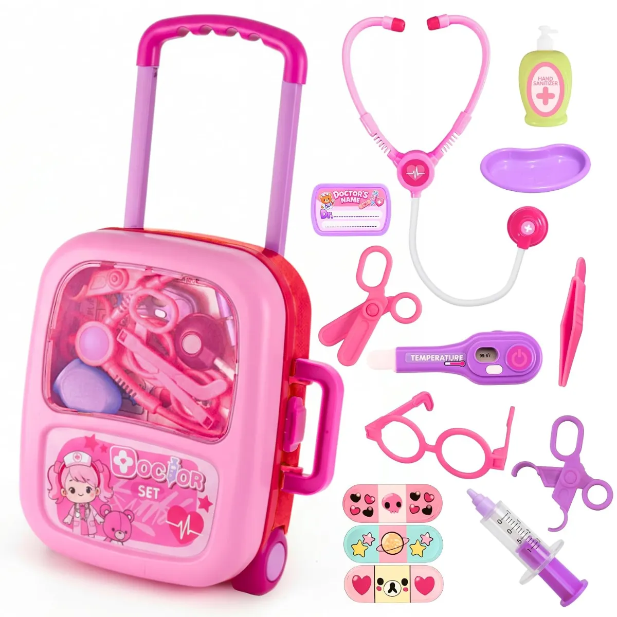 ids Premium Doctor Set Trolley, Pretend Play Doctor Set Trolley, Doctor Kit for Kids Above 3 Years, for Boys & Girls, with Interactive Instruments, Multicolor Bandage Stickers (Pink) - ToyMall Manjeri