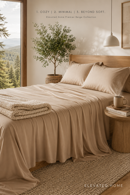 Soft beige bedding in an earthy room