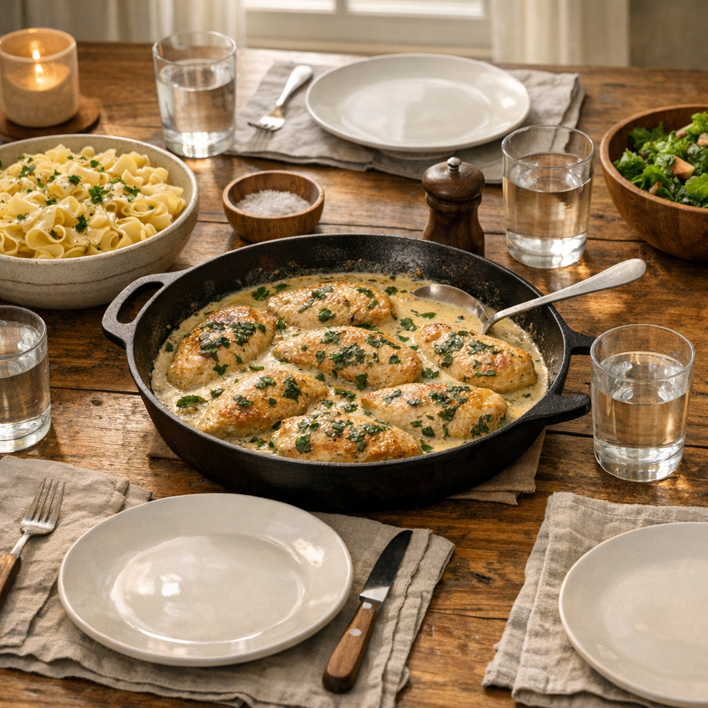 Creamy Chicken with Herbs Easy Skillet Dinner finished dish