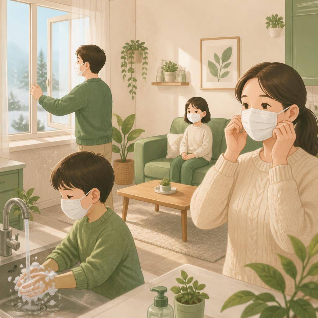 겨울철 가정에서 독감과 코로나 감염을 예방하는 장면, 창문 환기, 손 씻기, 마스크 착용,