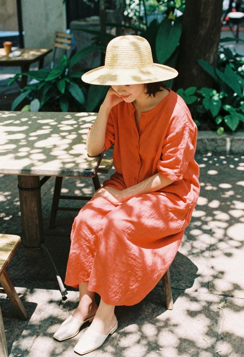 Tangerine linen co-ord set with square toe mules for a spring brunch outdoor outfit