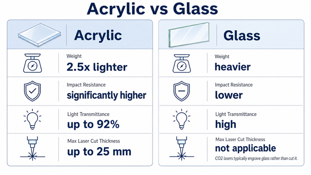 Acrylic vs glass comparison: weight, impact resistance, light transmittance, and max laser cut thickness