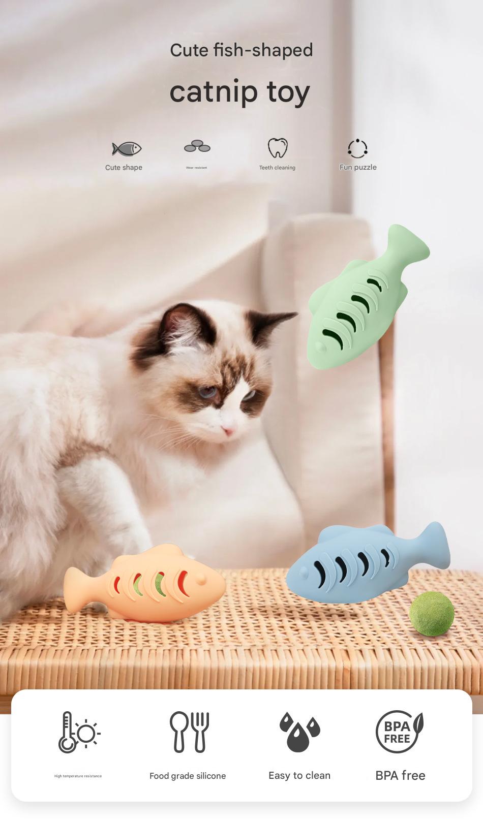 2-piece Green Fish-Shaped Silicone Cat Toy and Catnip– 3-in-1 Interactive & Self-Entertaining Toy with Catnip/Cat food, Dental Care & Hairball Relief – BPA-Free, Food-Grade Safety