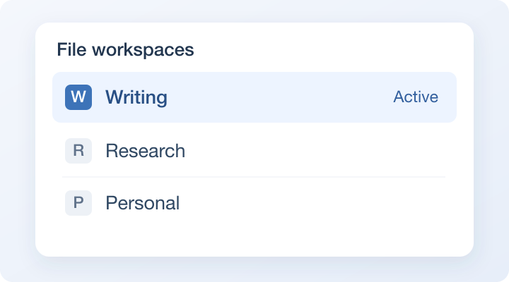 Workspace illustration: Writing, Research, and Personal are separate spaces, with Writing active.