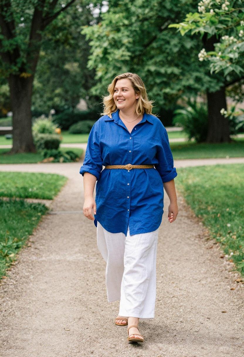 Cobalt blue oversized shirt dress belted over wide-leg linen trousers, plus size garden stroll look