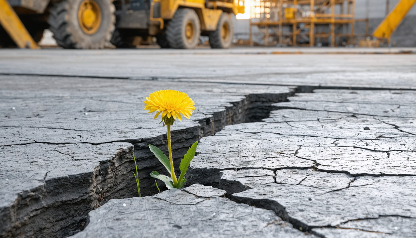 A single dandelion growing through cracked concrete on an urban construction site, backlit by morning light.