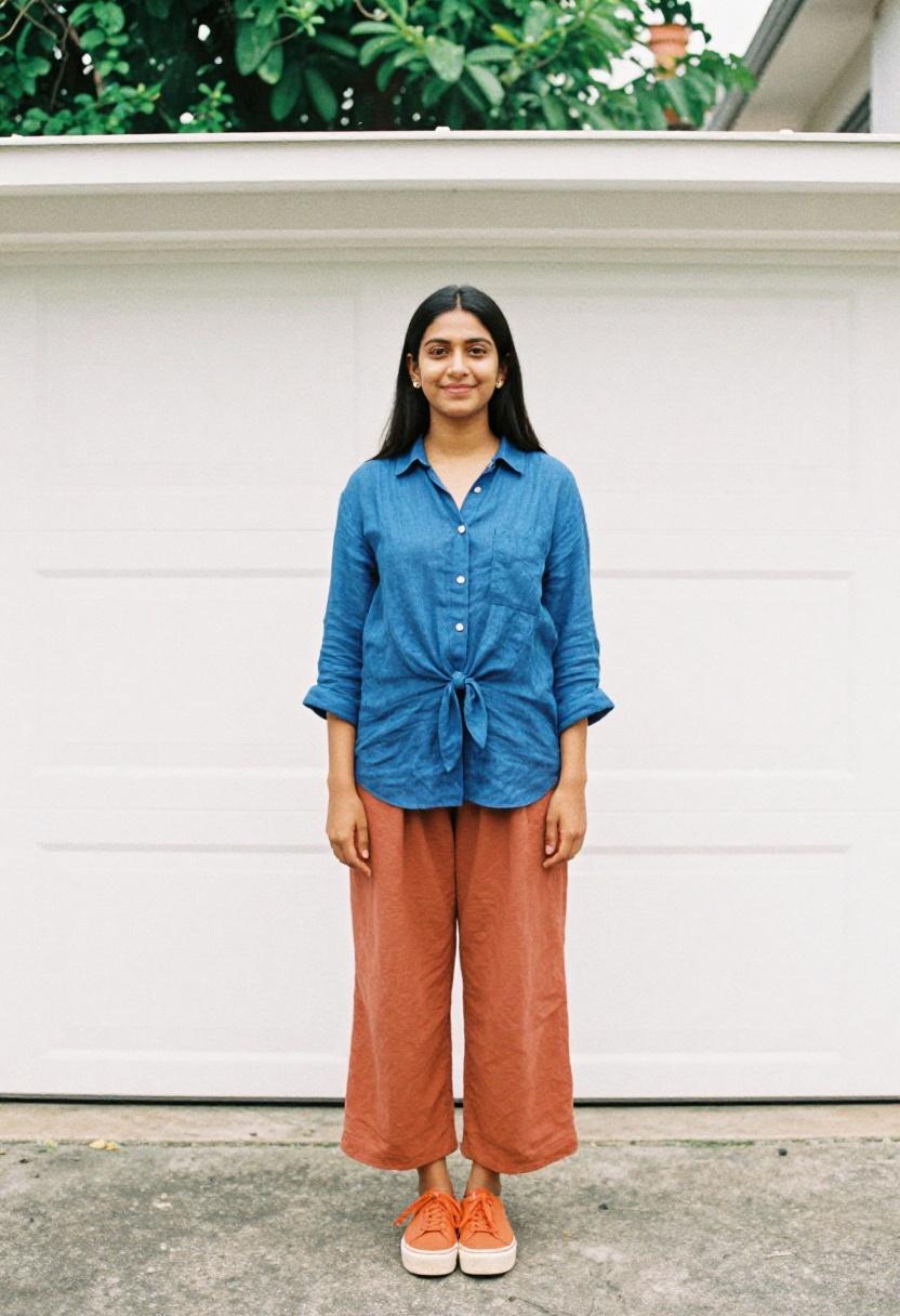 Tangerine platform sneakers with a cobalt blue linen shirt and terracotta palazzo pants on a residential street