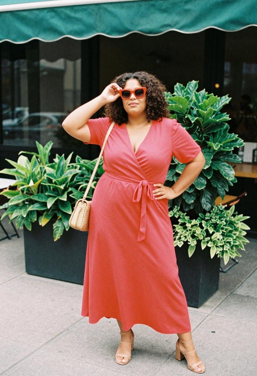 Plus size woman in vibrant coral wrap dress with cinched waist and midi hem on urban sidewalk