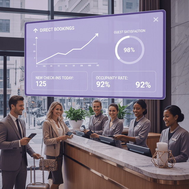Hotel dashboard showing rising direct bookings and guest check-in success