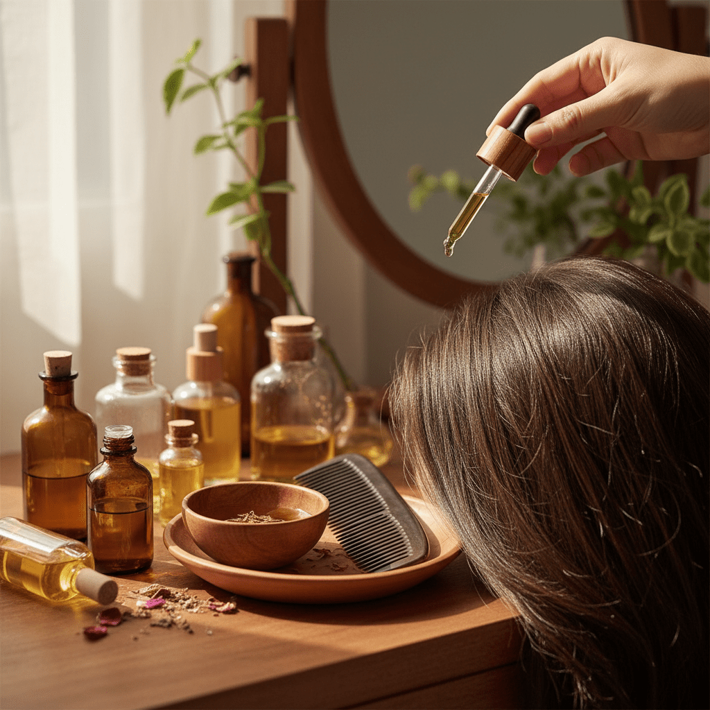 Healthy scalp and shiny hair care scene with oil dropper and carrier oils
