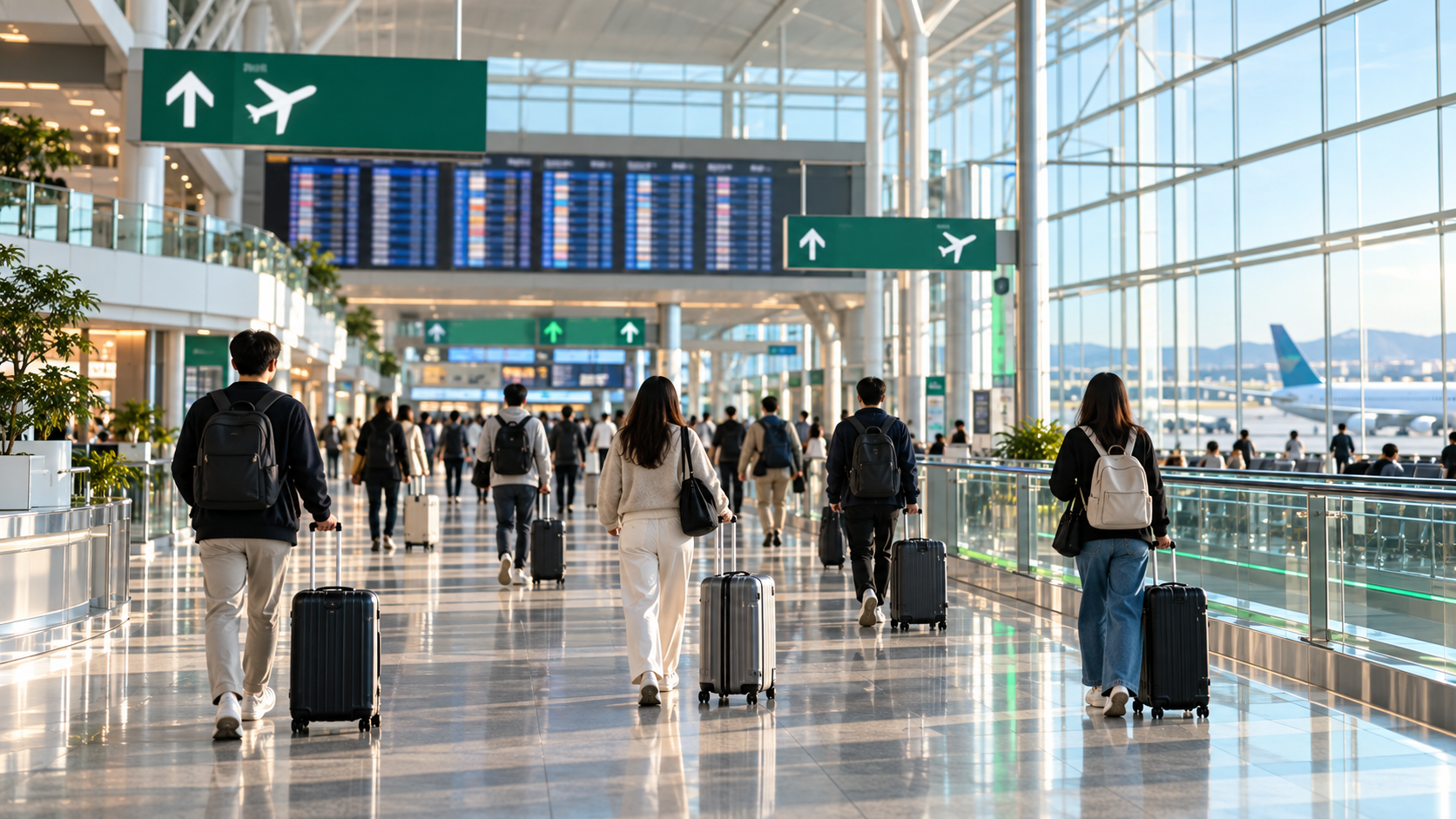 인천공항 환승 표지 아래 여행객들이 수하물을 끌고 이동하는 모습