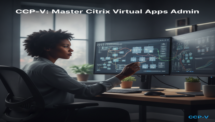 CCP-V: Master Citrix Virtual Apps Admin A focused IT professional studying complex Citrix Virtual Apps architecture on multiple screens, with the CCP-V logo visible, symbolizing the path to advanced administration mastery.