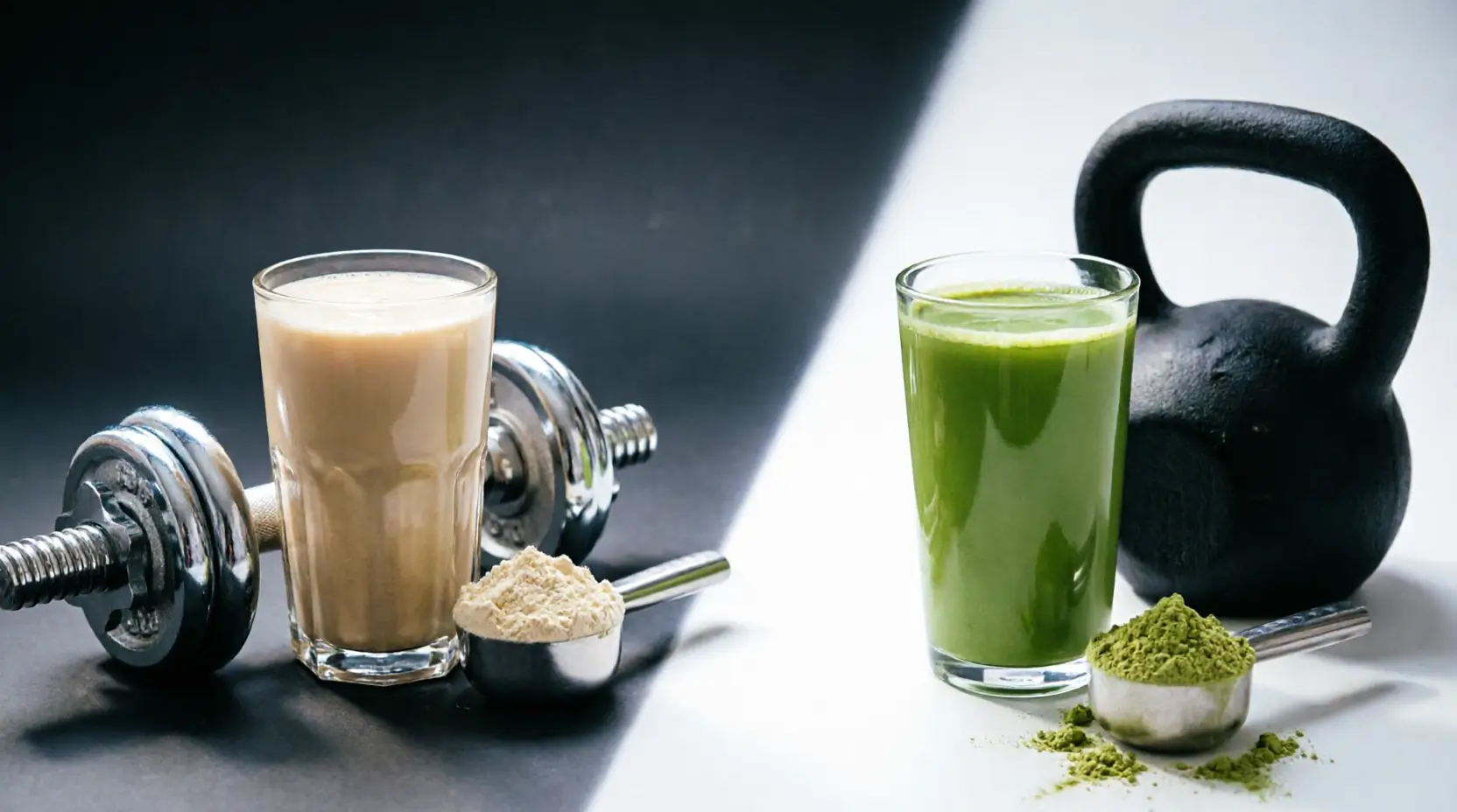 Dramatic diagonal split composition for a whey versus plant protein comparison: on the dark left side a tall glass of creamy beige whey protein shake beside a chrome adjustable dumbbell and a metal scoop of off-white powder; on the bright white right side a tall glass of vivid green plant protein shake beside a matte black kettlebell and a metal scoop of pale green pea-and-rice powder with a little spilled powder — a bold visual hook for a muscle-building protein showdown