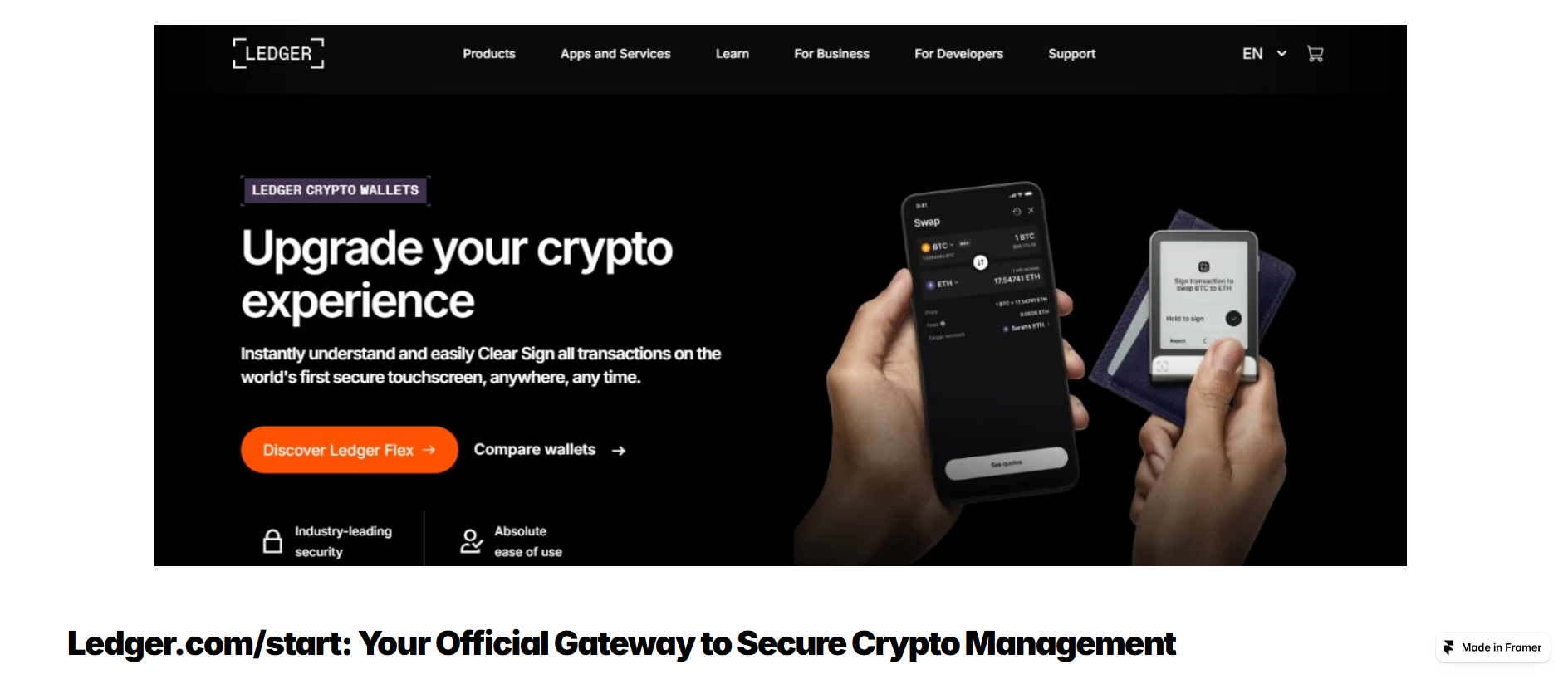 Forensic screenshot of leddgr-strt.framer.media showing the phishing page layout