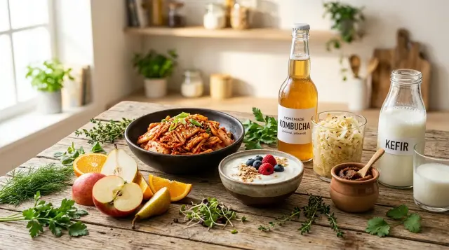 Colorful fermented probiotic foods arranged on rustic wooden table in warm natural light