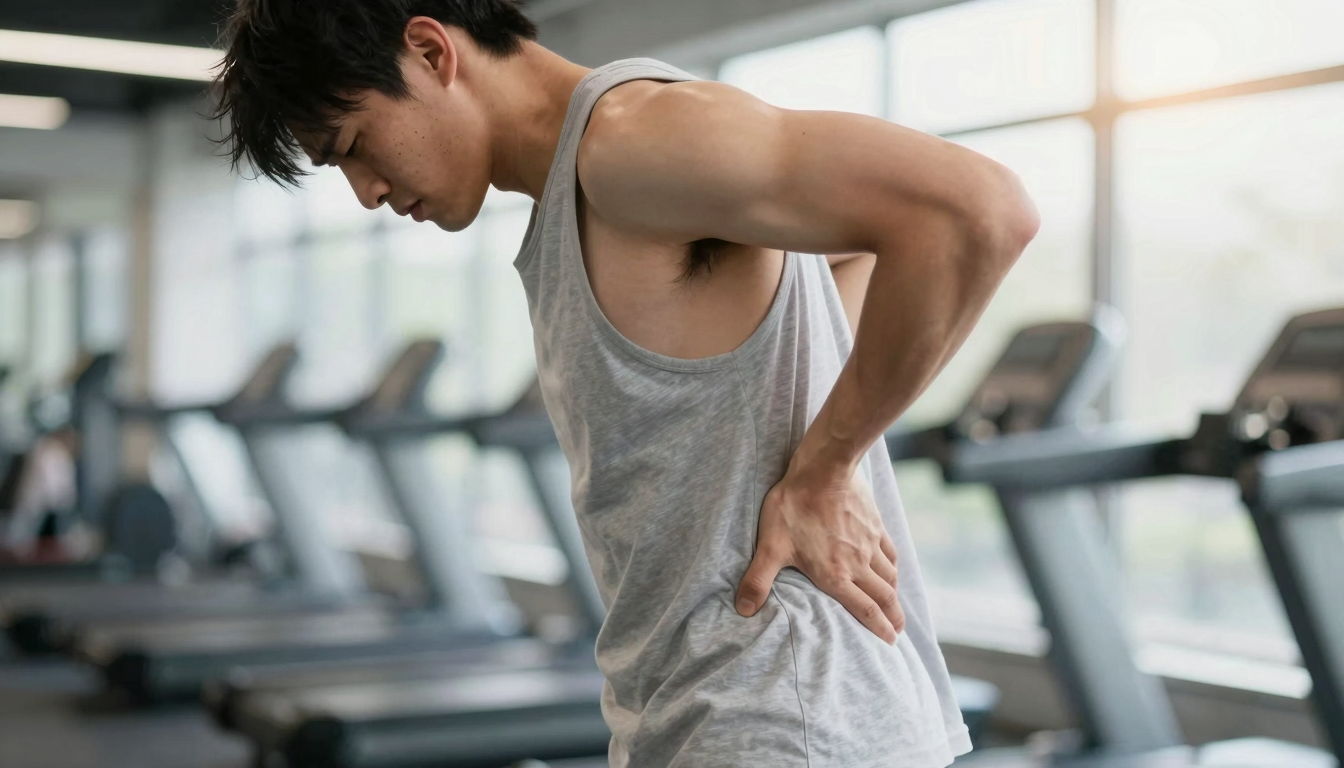 허리 디스크 환자가 피해야 할 허리 굽히는 운동 주의사항 안내 이미지.