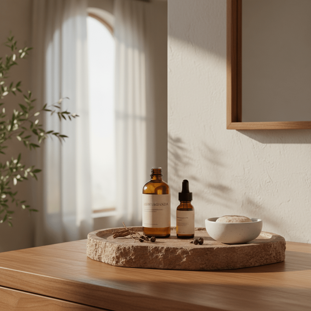 A serene bathroom vanity with ashwagandha oil and warm natural light