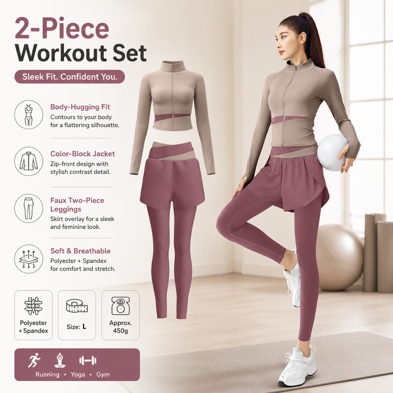 L size Women's 2-Piece Running Yoga Set - Purple Colorblock Zip Jacket and Purple Faux Two-Layer Leggings, Slim Fit High Stretch Gym Activewear for Fitness and Training
